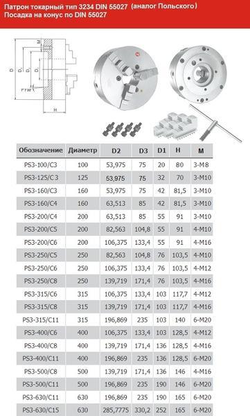 Патрон токарный d 250 мм 3-х кулачковый тип 3234 DIN 55027 условный конус 6 (аналог Польского) "CNIC" (PS3-250/С6)
