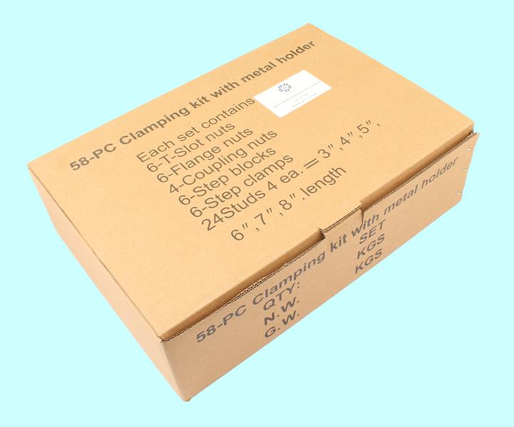 Набор клиновых ступенчатых прижимов из 58-ми предм., паз15,7мм М12х1,75 в металлическом футляре "TLX"